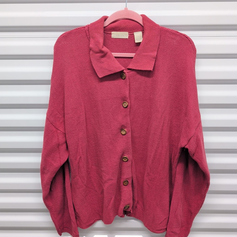 J. Jill Cardigan Sweater Size L Womens Pink 100% Cotton Button Front Collared